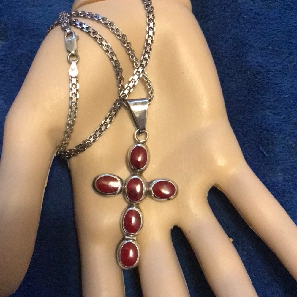 Beautiful red coral and Sterling on lovely Sterling chain.
